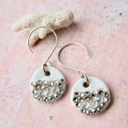 silver earrings, porcelain earrings, ceramic jewellery, white earrings, crystal earrings