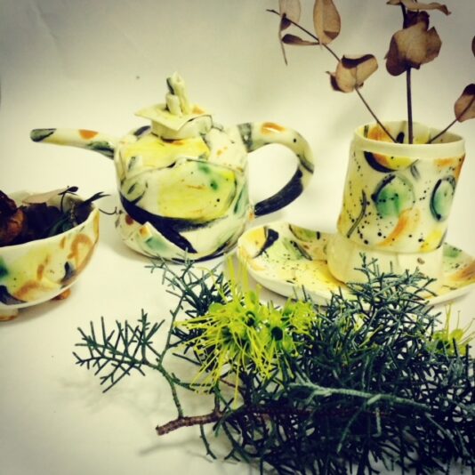 Linda Douglas teaset painted clay